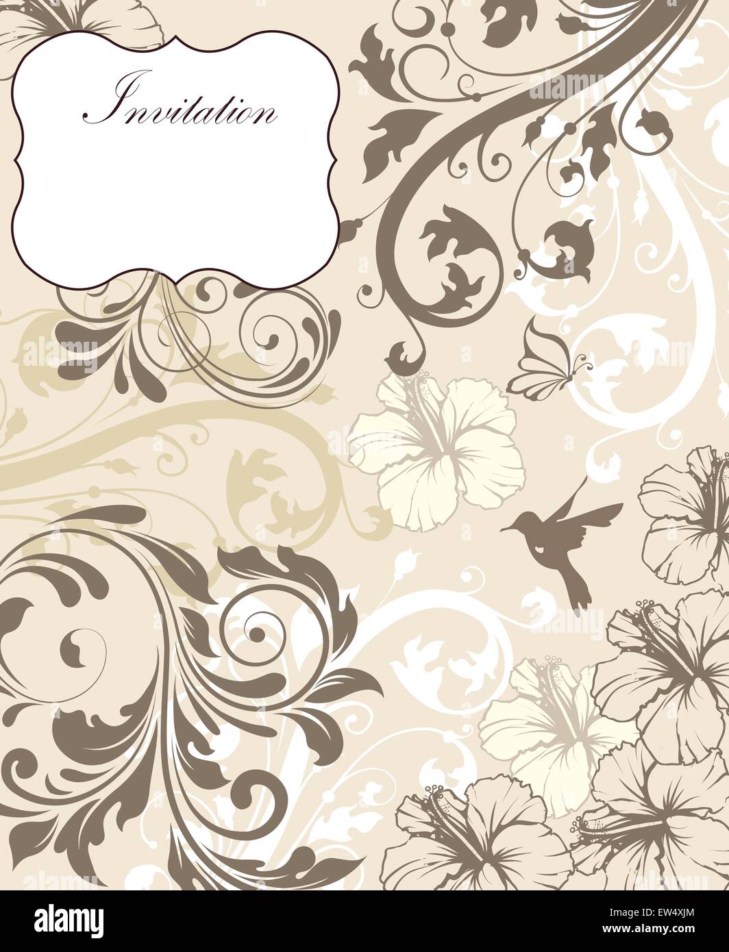 Carte d'invitation Vintage Retro élégant décoré abstract floral design, gris clair jaune pâle et gris fleurs et feuilles sur Illustration de Vecteur