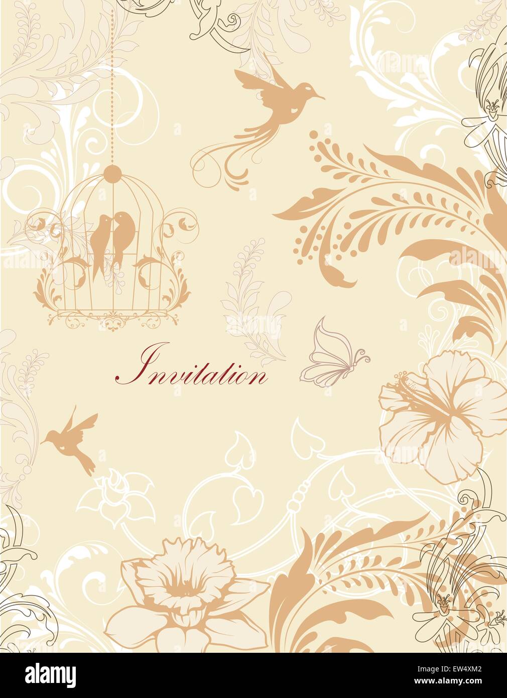 Carte d'invitation Vintage Retro élégant décoré abstract floral design, blanc beige et brun clair fleurs et feuilles sur baig Illustration de Vecteur