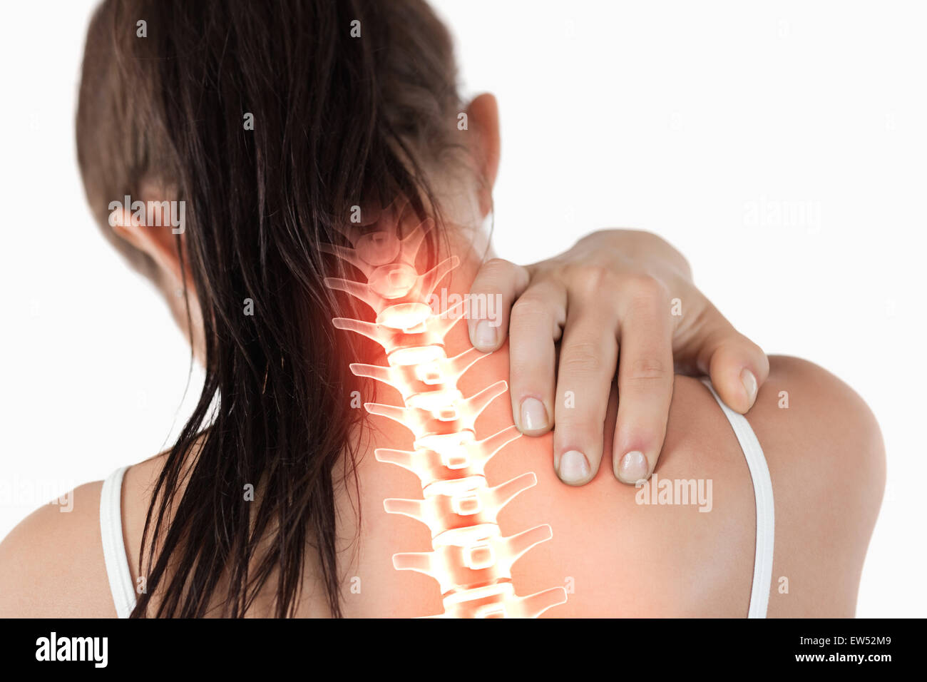 La colonne vertébrale en surbrillance de femme avec la douleur au cou Banque D'Images