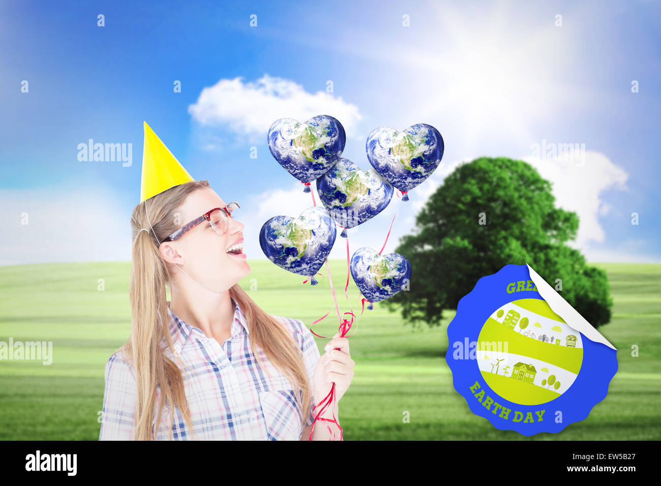 Image composite de hipster geek holding red balloons Banque D'Images