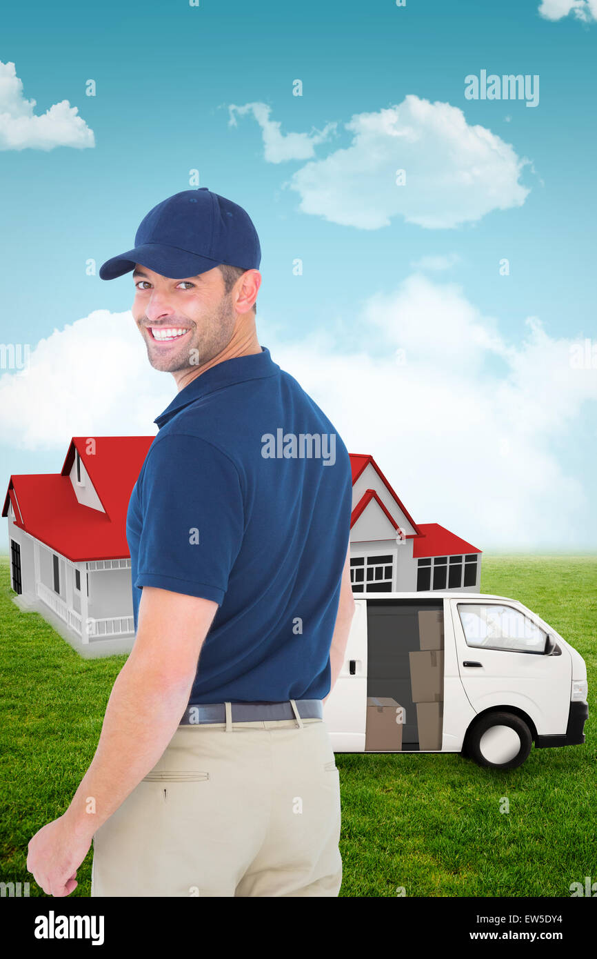 Composite image of delivery man wearing baseball cap Banque D'Images