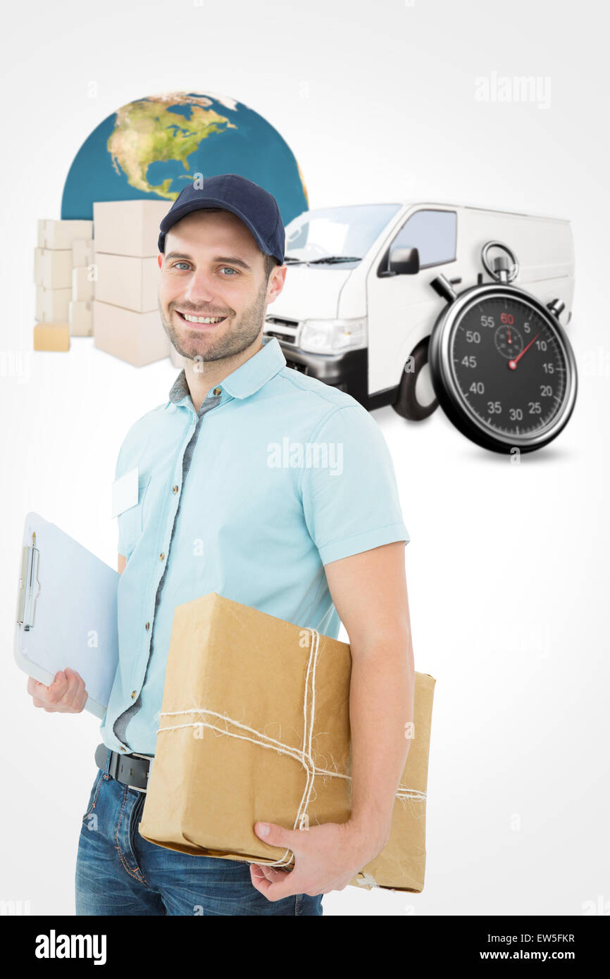 Image composite de portrait of happy man with parcel courier Banque D'Images