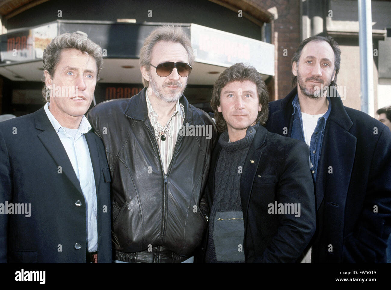 Le groupe de rock britannique, qui décrit au Marquee Club à Londres. De gauche à droite : Roger Daltrey, John Entwistle, Kenney Jones et Pete Townshend. 2 mars 1988. Banque D'Images