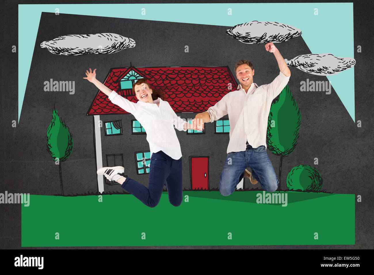 Image composite du couple jumping and holding hands Banque D'Images