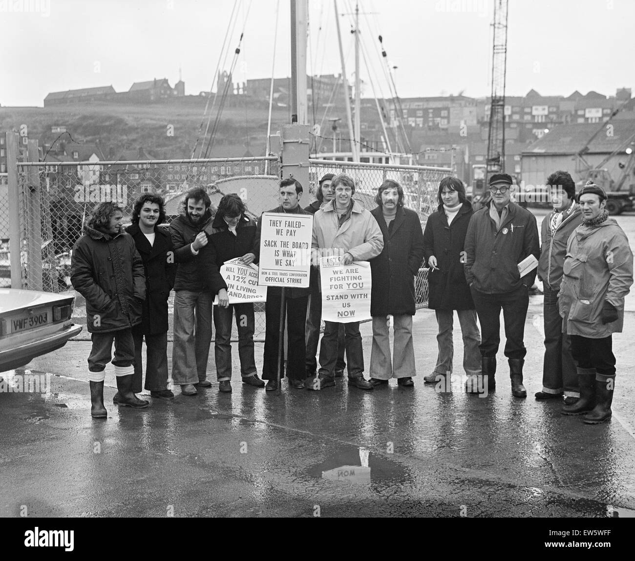1980 Grève de l'acier, piquets, Whitby, British Steel Corporation, Yorkshire du Nord, lundi 7 janvier 1980. Banque D'Images