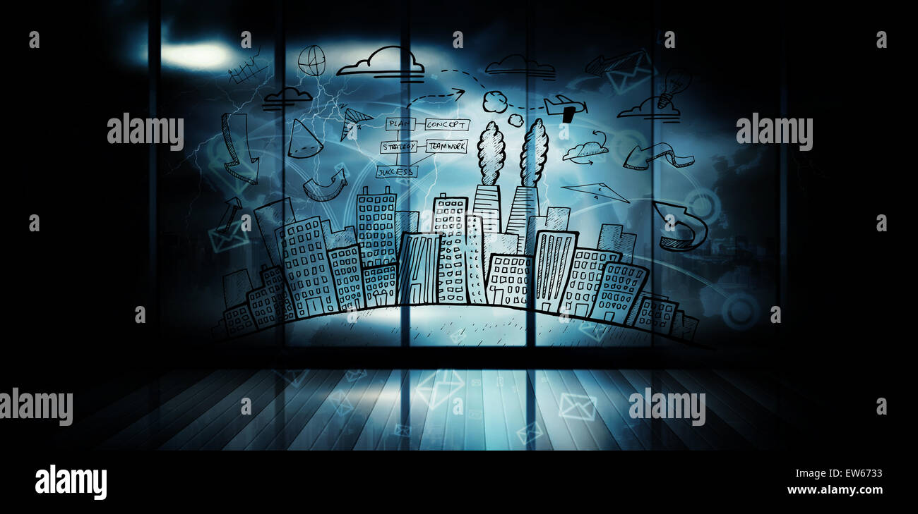 Image composite du paysage urbain avec brainstorm doodle Banque D'Images