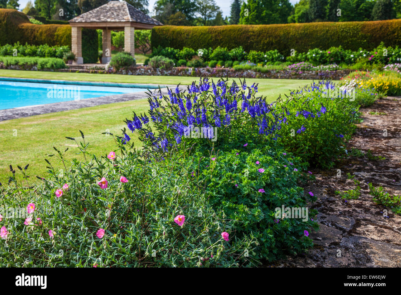 La floraison bordure autour de la piscine de Bowood House dans le Wiltshire. Banque D'Images