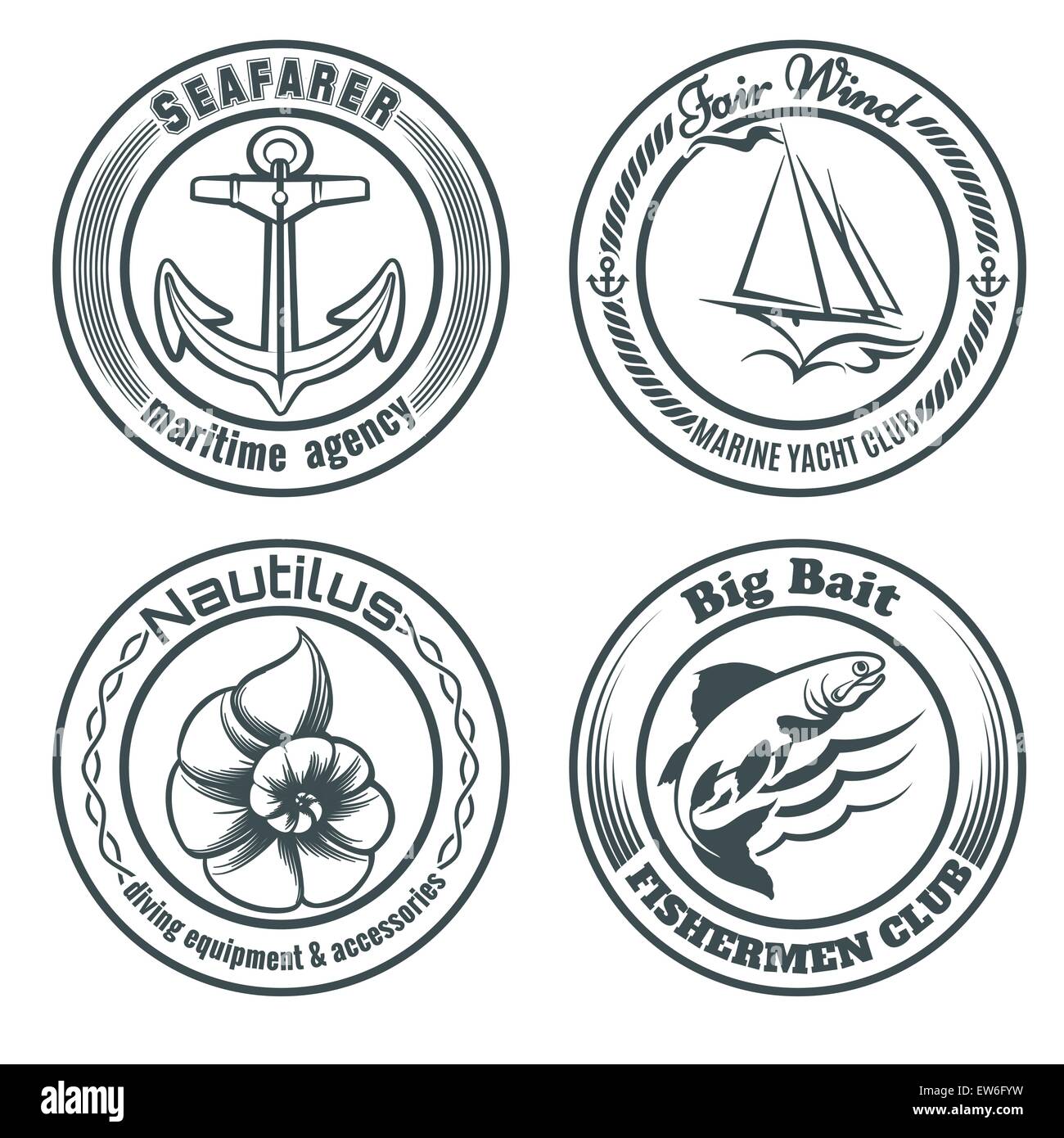 Ensemble de timbres ou d'étiquettes nautique vintage. L'Ancre, sailship, seashell et poissons. Seulement libre police utilisée. Isolated on white Illustration de Vecteur
