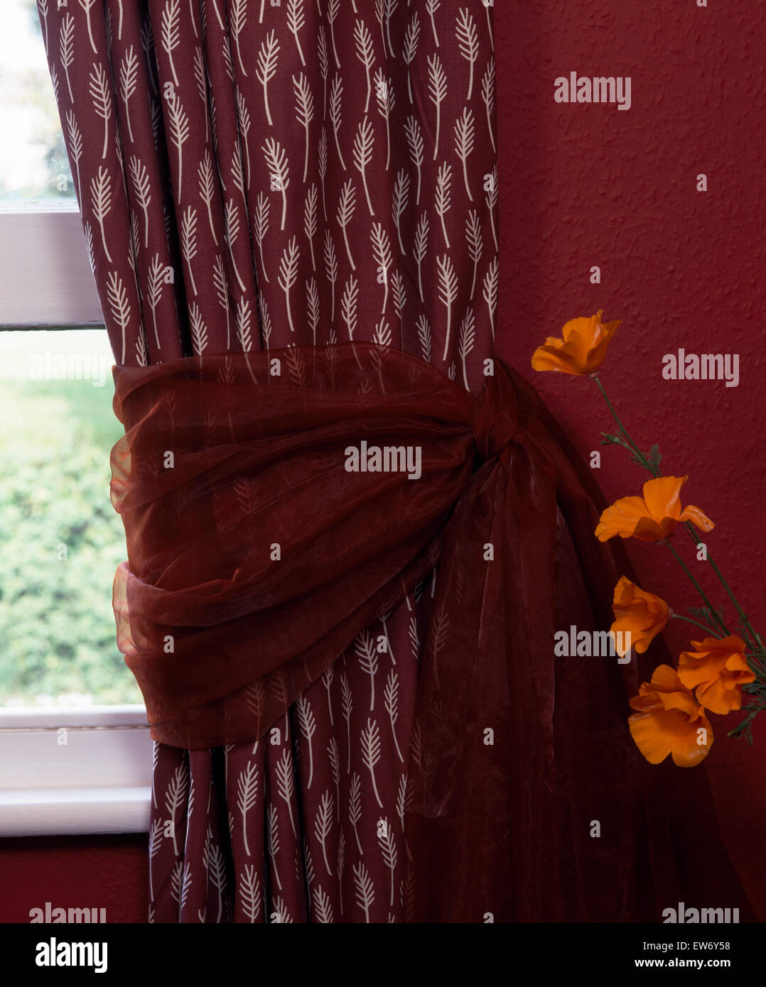 Close-up d'un rideau à motifs magenta attaché avec mousseline marron Banque D'Images