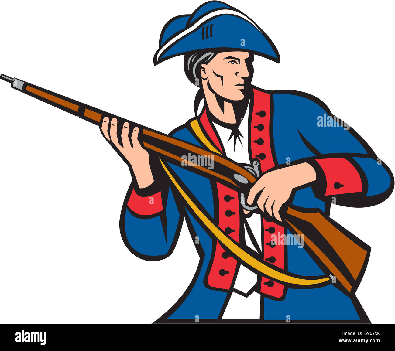 Illustration d'une milice patriote américain exerçant son mousquet à sur le côté isolé sur fond blanc fait en style rétro. Banque D'Images
