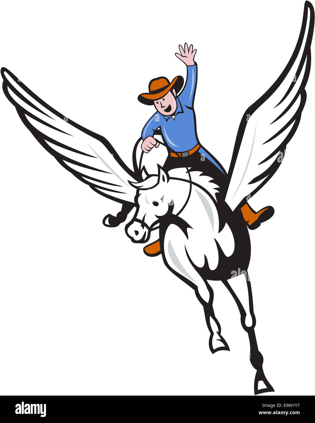 Illustration d'un cow-boy avec bras levé équitation pegasus flying set équitation isolées sur fond blanc fait dans un style de dessin animé. Banque D'Images