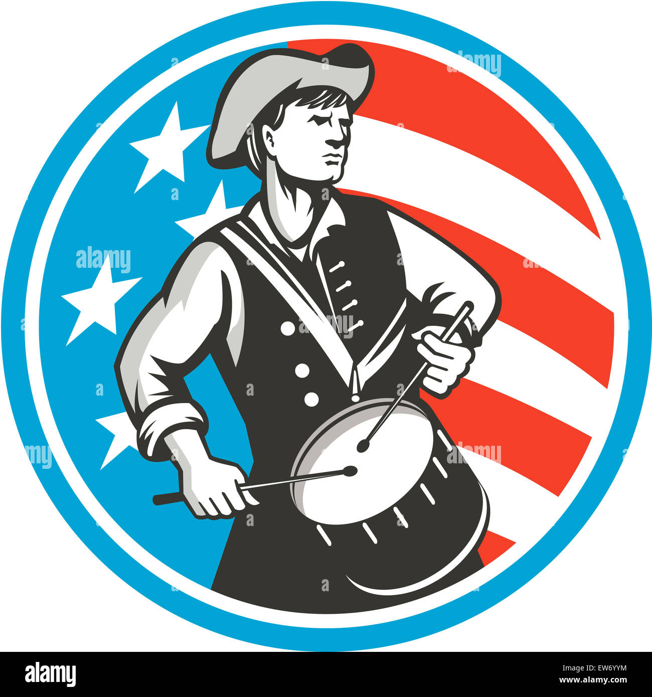 Illustration d'un patriote américain le batteur à la recherche sur le côté vue de l'avant, situé à l'intérieur du cercle avec usa stars and stripes Banque D'Images