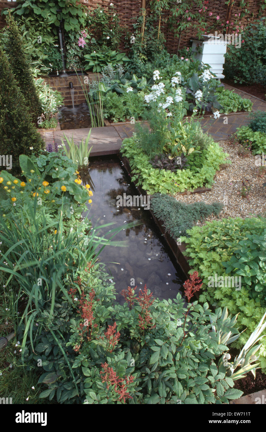 Petite piscine rectangulaire et d'une ruche blanc dans un jardin d'herbe bien garni Banque D'Images