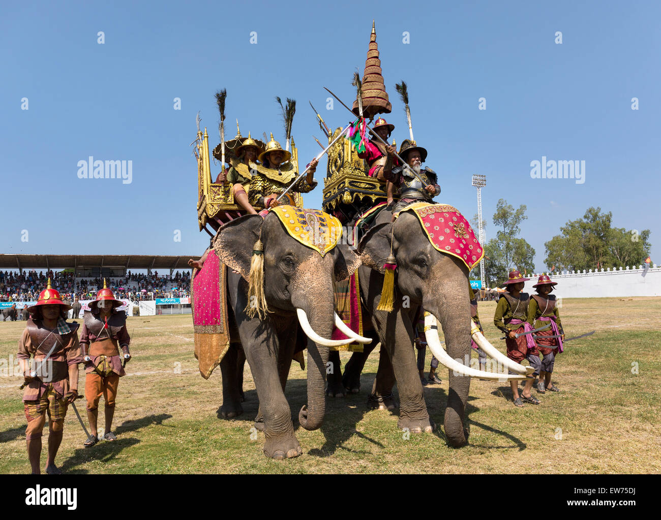 Éléphants de guerre avec des soldats, costumes historiques, Festival de l'éléphant, l'éléphant Round Up, Surin, province de Surin, Isan, l'Isaan Banque D'Images