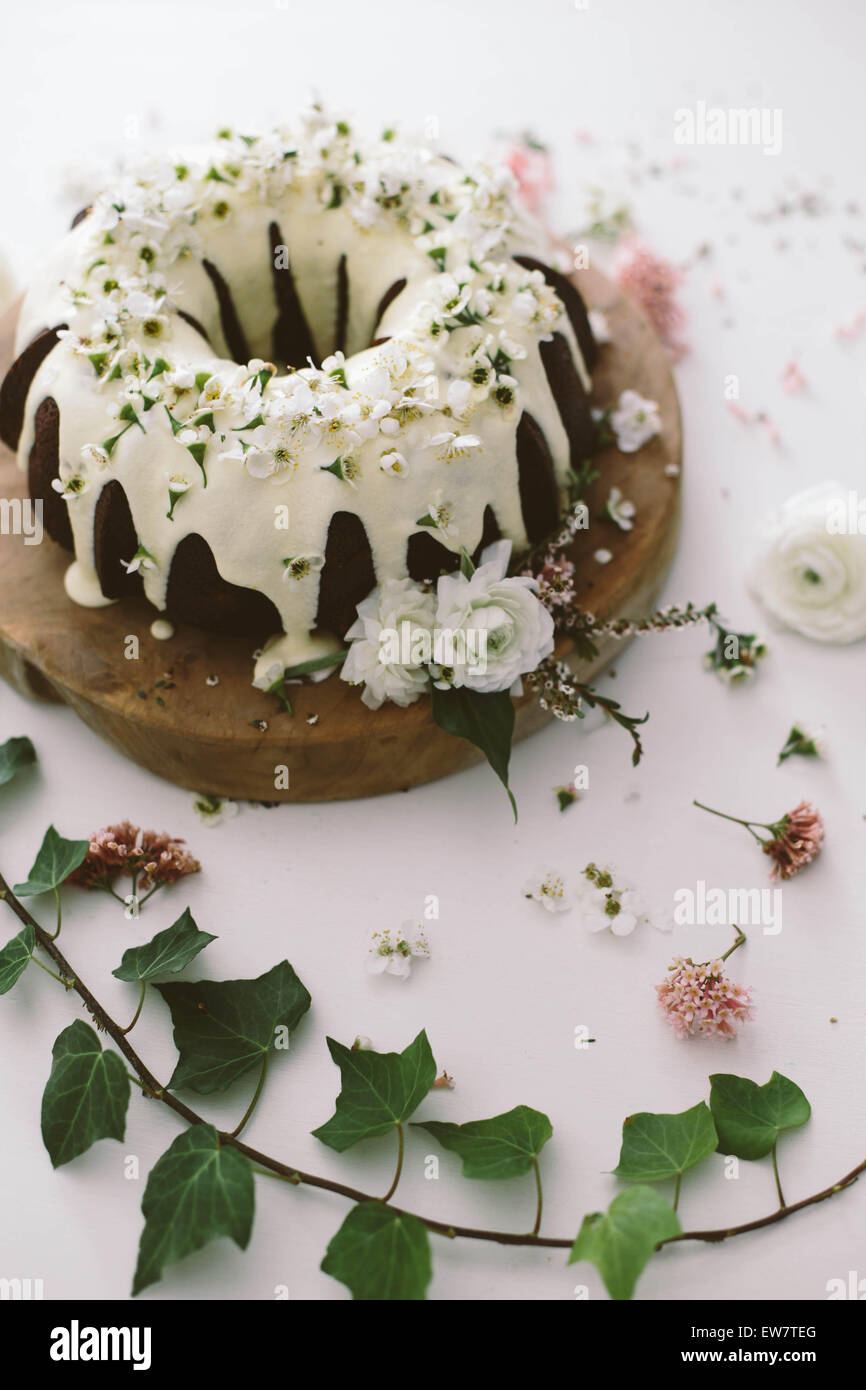 Bundt chocolat gâteau décoré avec de jolies fleurs Banque D'Images