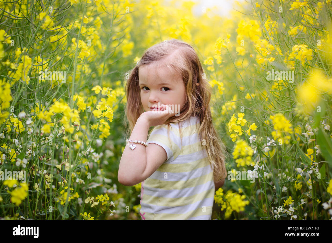 À la fille par-dessus son épaule dans un pré de fleurs jaunes Banque D'Images