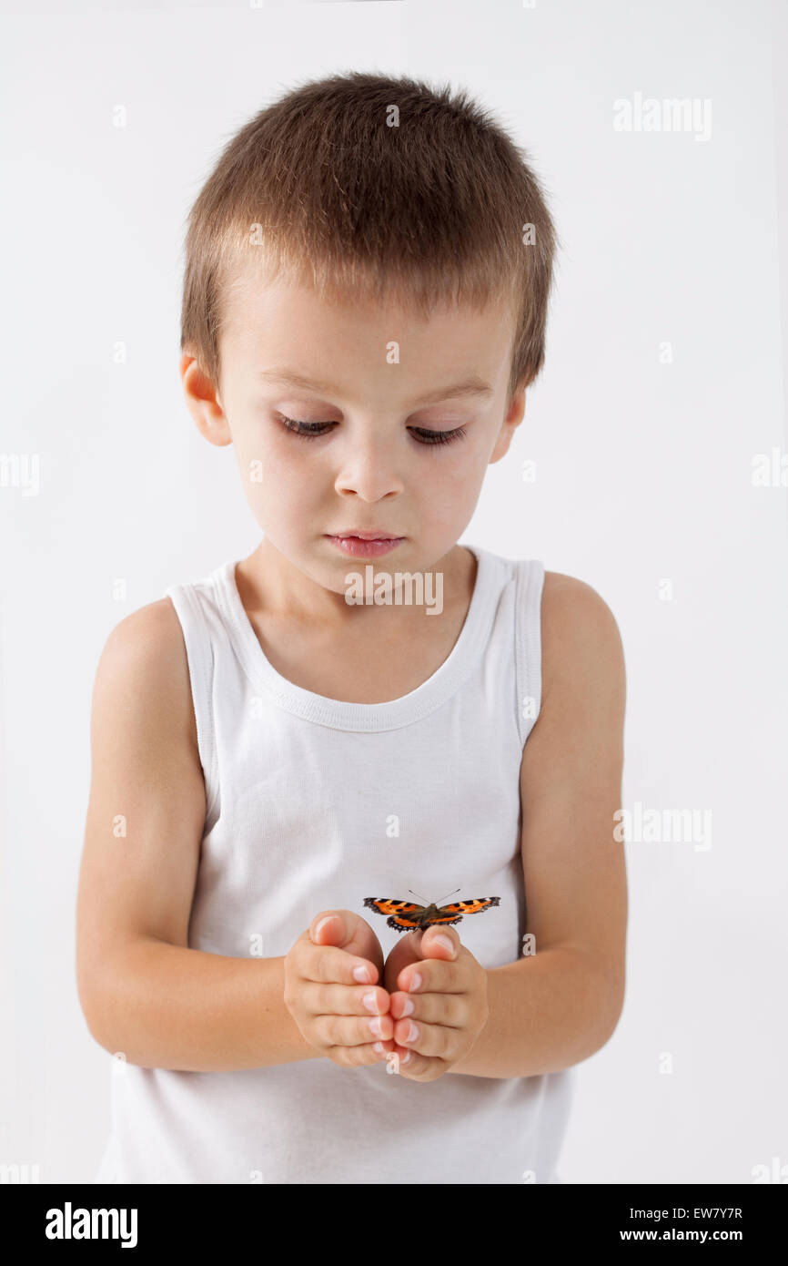 Petit garçon, holding butterfly, studio shot, isolé sur fond blanc, l'accent sur butterfly Banque D'Images