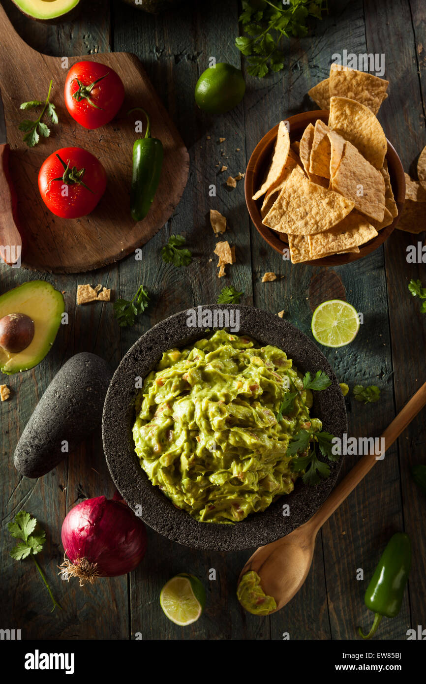 Du Guacamole et chips maison prêt à manger Banque D'Images