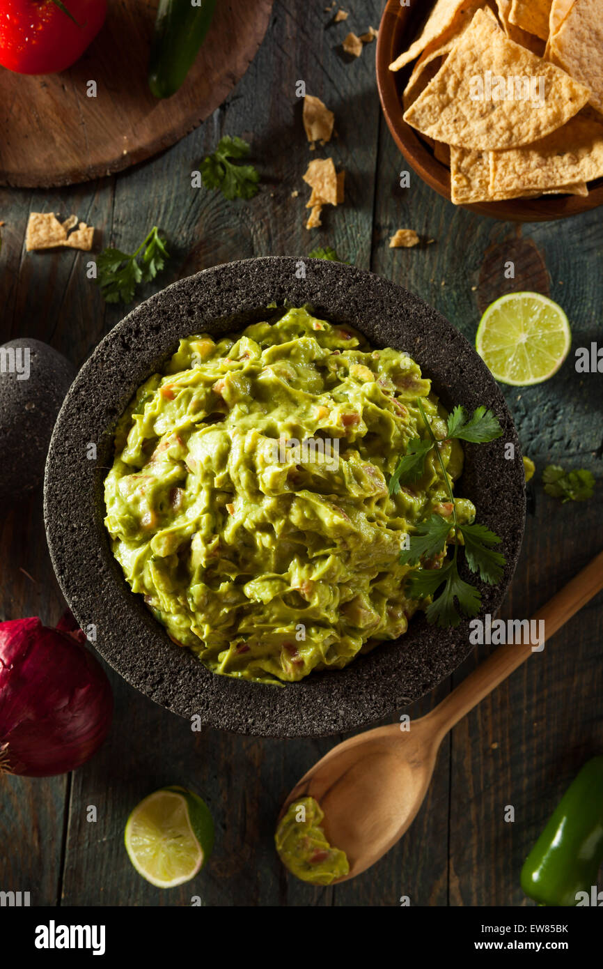 Du Guacamole et chips maison prêt à manger Banque D'Images