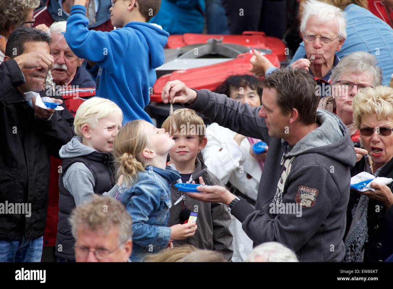 (150619) -- ZANDVOORT, 19 juin 2015 (Xinhua) -- Les enfants mangent le hareng cru à Zandvoort, Pays-Bas, le 19 juin 2015. Environ 1500 personnes se sont réunies vendredi à Zandvoort pour manger le Dutch hareng cru dans le même temps, de tenter un nouveau record Guinness de "morsure du hareng'.(Xinhua/Sylvia Lederer) Banque D'Images