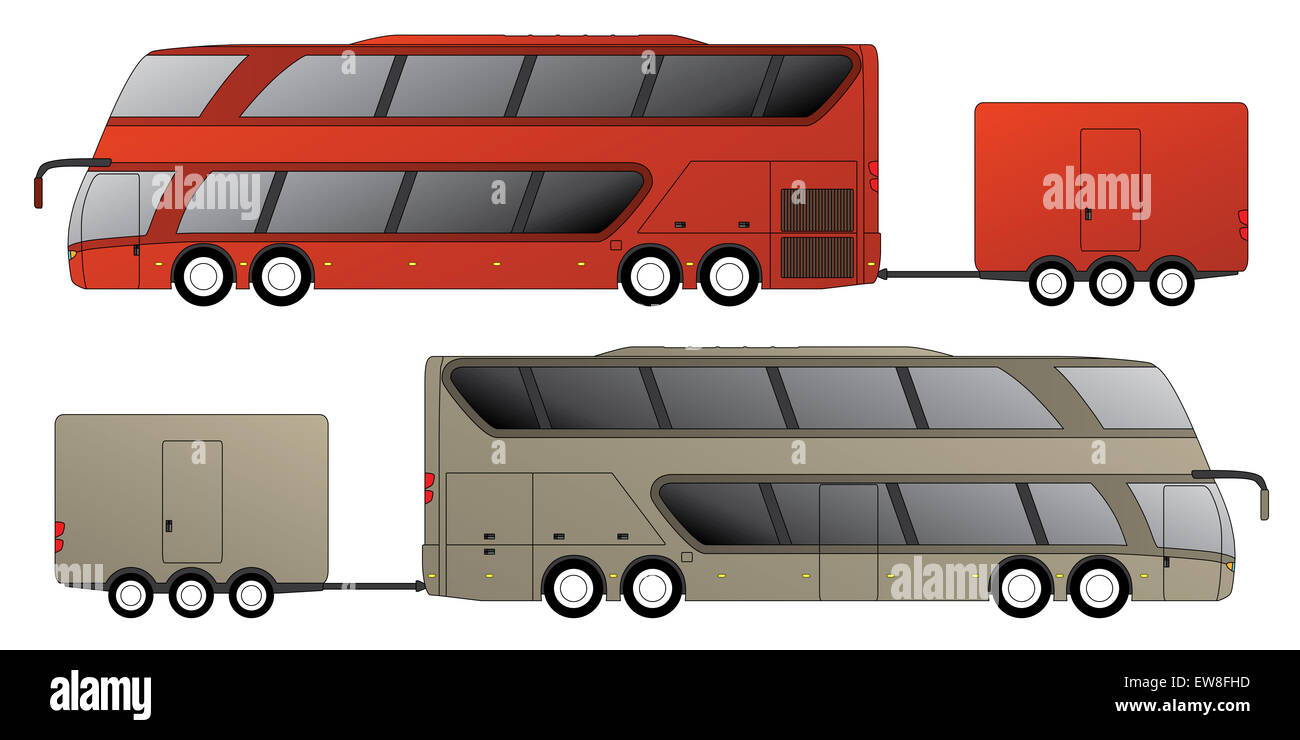 Double decker bus touristique conception avec remorque attelée side view Banque D'Images