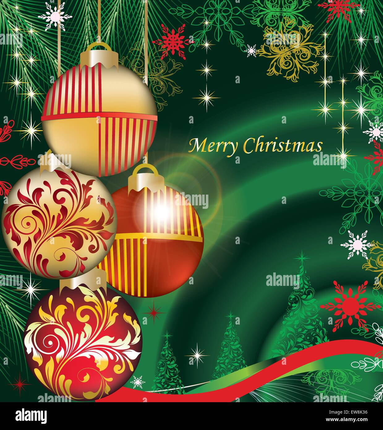 Carte de Noël vintage avec un élégant design floral abstrait, rouge et or sur le vert avec des boules de Noël, arbres, pins etui aiguill Illustration de Vecteur