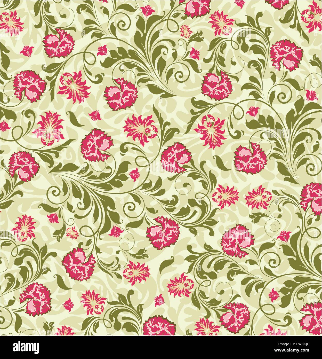 Vintage avec un élégant design floral abstrait, fuschia rose et vert olive sur fleurs vert pâle. Vector illust Illustration de Vecteur