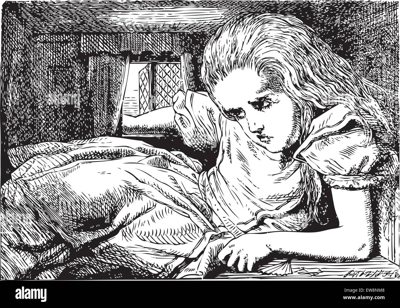 Alice au Pays des Merveilles. Alice devient énorme (ou haute). ...Avant qu'elle avait bu la moitié de la bouteille, elle a trouvé sa tête en appuyant sur agai Illustration de Vecteur