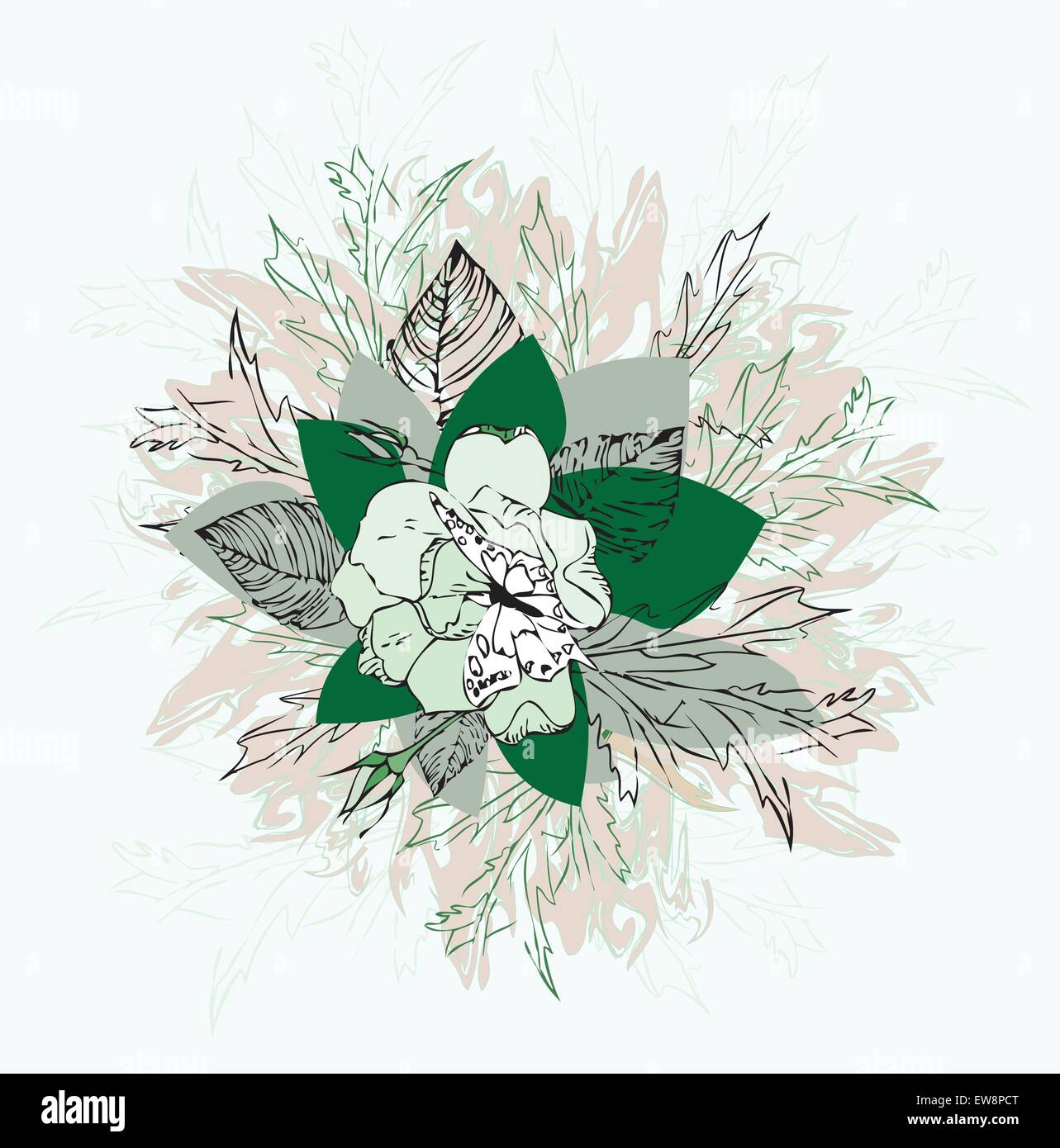 Fleur Vintage rétro élégant décoré de l'élément dessiné résumé floral design, gris et vert Fleurs et feuilles vert clair Illustration de Vecteur