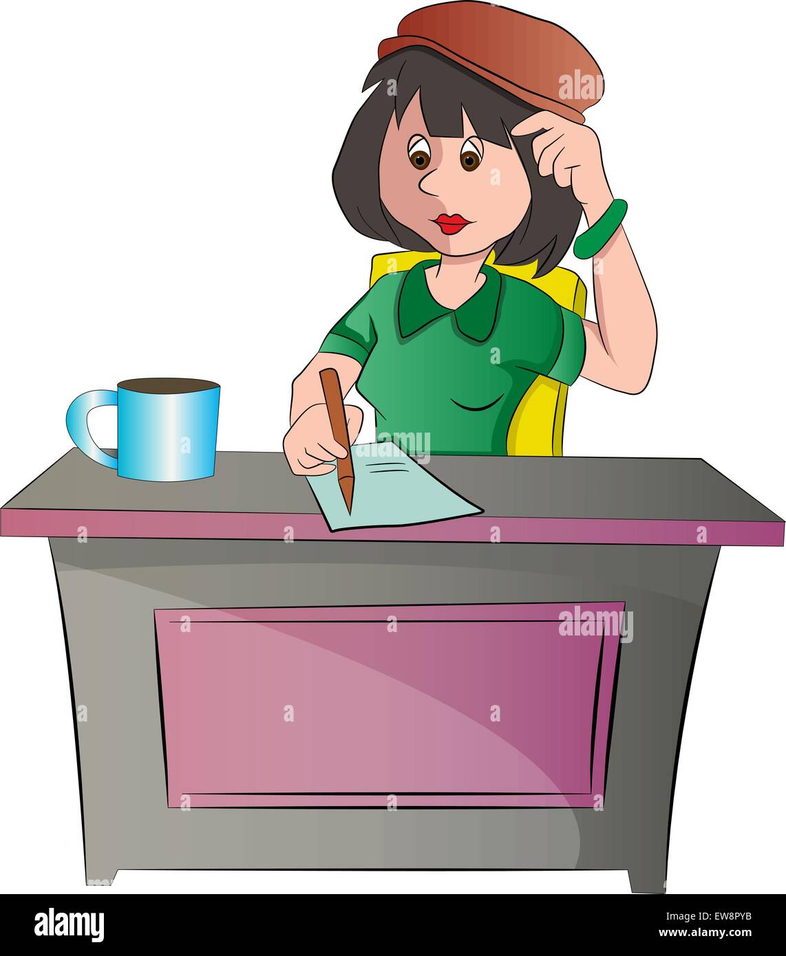 Secrétaire ou femme assis à un bureau, vector illustration Illustration de Vecteur
