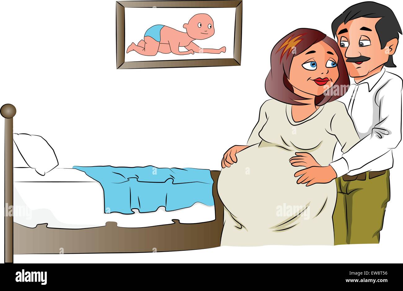 Vector illustration de l'homme de toucher le ventre de sa femme enceinte, le cadre photo d'un bébé à l'arrière-plan. Illustration de Vecteur