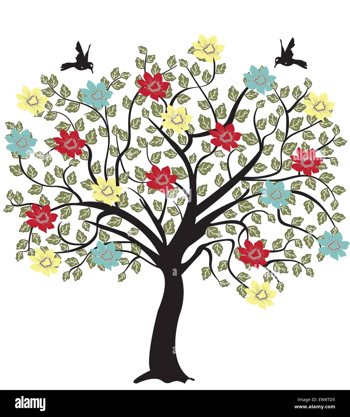 La silhouette des arbres avec des fleurs, symbole de la nature Illustration de Vecteur