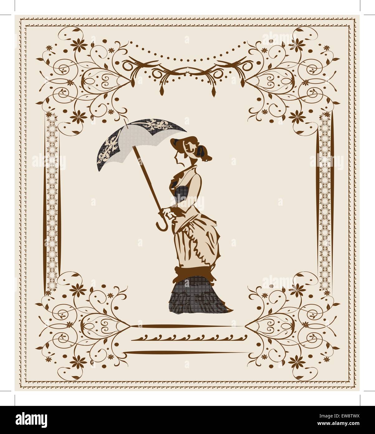 Vintage background with abstract floral design élégant, femme avec parapluie, fleurs marron sur gris. Vector illustration. Illustration de Vecteur
