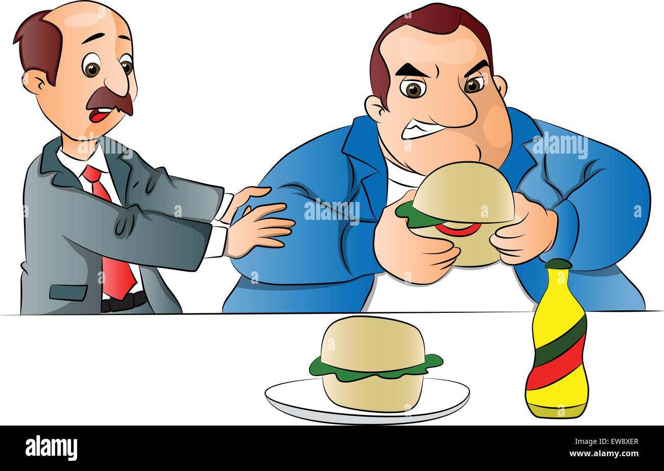 Vector illustration d'un homme l'arrêt d'un ami de graisse malsaine manger hamburger. Illustration de Vecteur