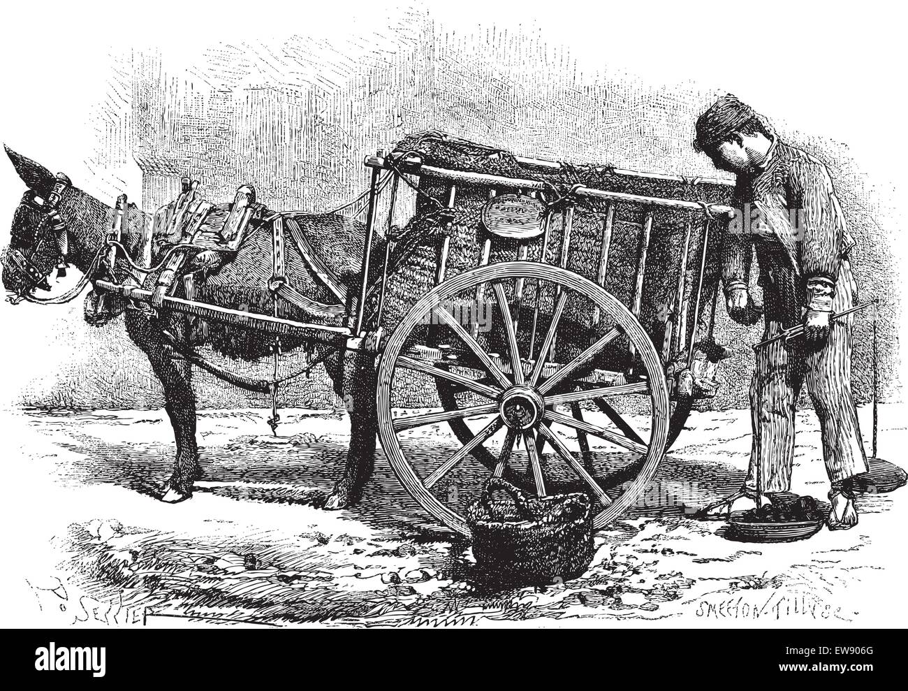 Marchand de charbon avec des voitures à cheval (âne) Panier à Valence, Espagne, vintage engraved illustration. Le Magasin pittoresque - Larive Illustration de Vecteur