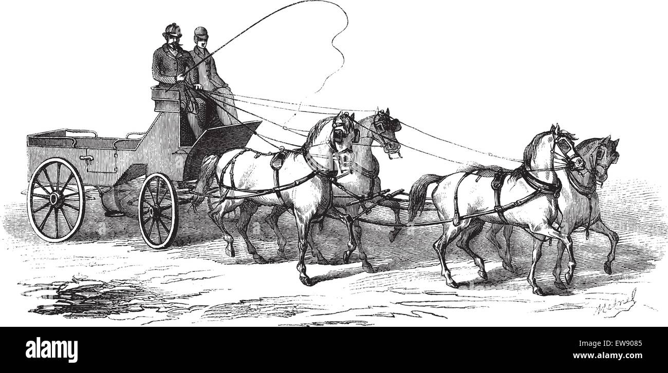 Chariot à 4 roues tirée par 4 chevaux, vintage engraved illustration. Le Magasin pittoresque - Larive et Fleury - 1874 Illustration de Vecteur