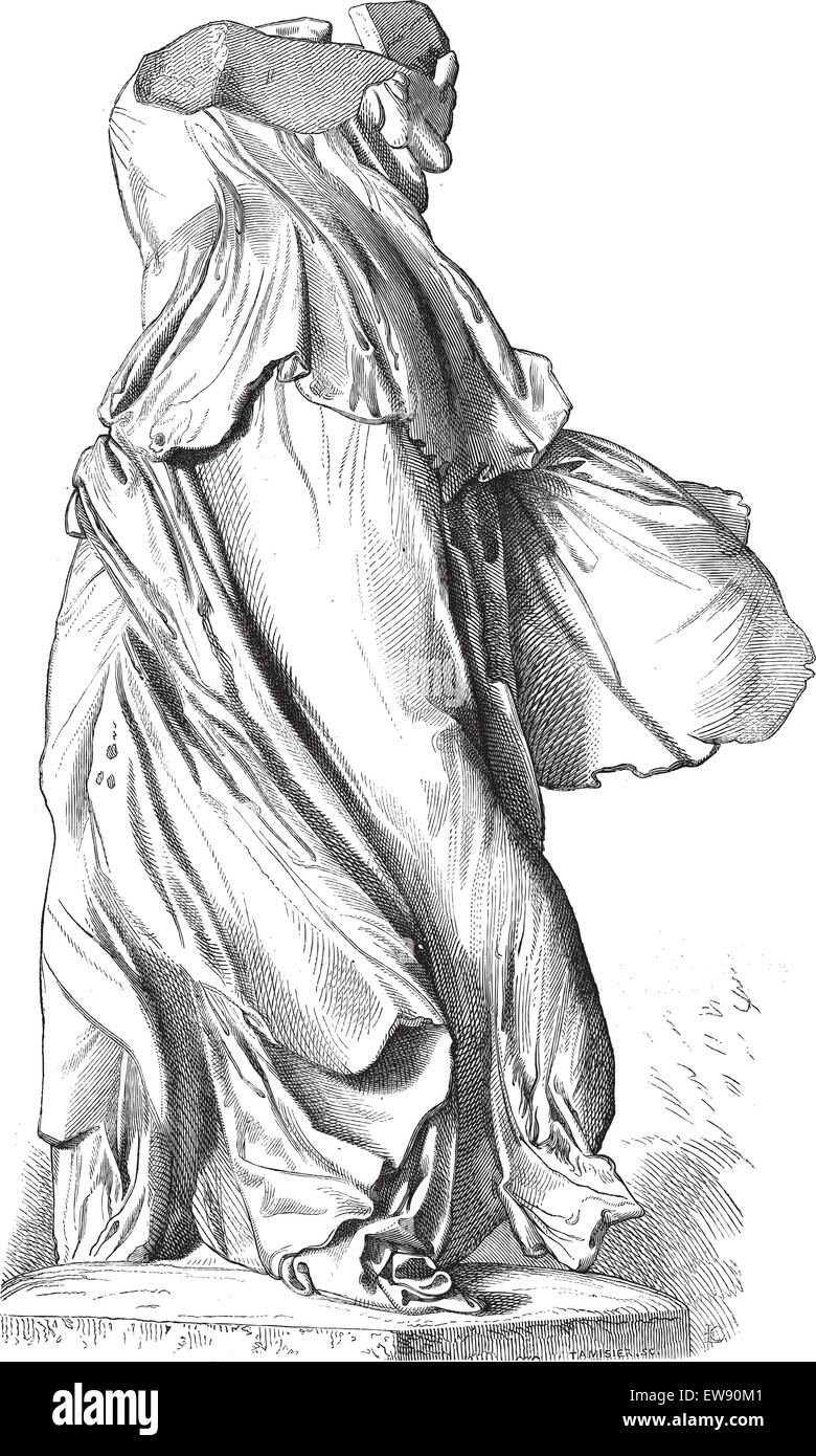 Musée du Louvre ; la sculpture. - La Victoire de Samothrace. - Dimensions Chevingnard, vintage engraved illustration. The Winged Victo Illustration de Vecteur