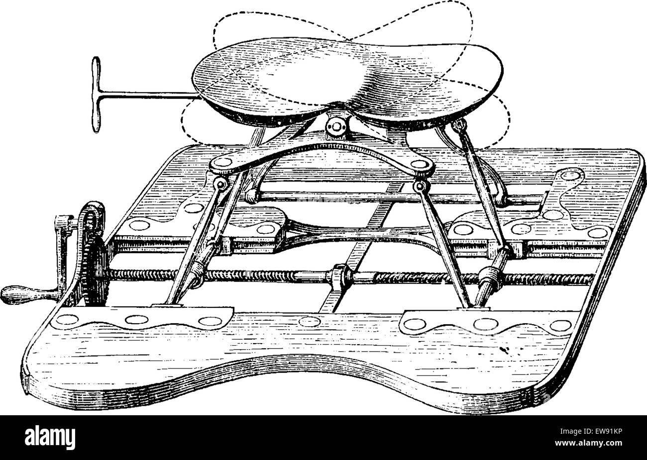 Appareils pour la lithotripsie, le siège était élevé. Pointilles indiquent les inclinaisons possibles du siège, vintage engraved mauvais Illustration de Vecteur