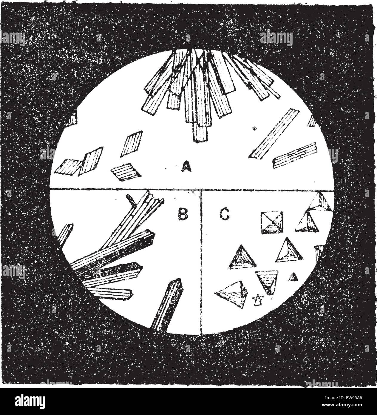 Fig. 3. A. Les cristaux de l'hémoglobine dans le sang de l'homme. B. Les cristaux de l'hémoglobine du chat. C. Les cristaux de l'hémoglobine des bl Illustration de Vecteur