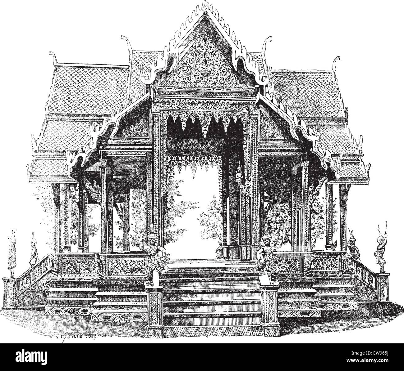 Hall de Siam, vintage engraved illustration. Dictionnaire des mots et des choses - Larive et Fleury - 1895. Illustration de Vecteur