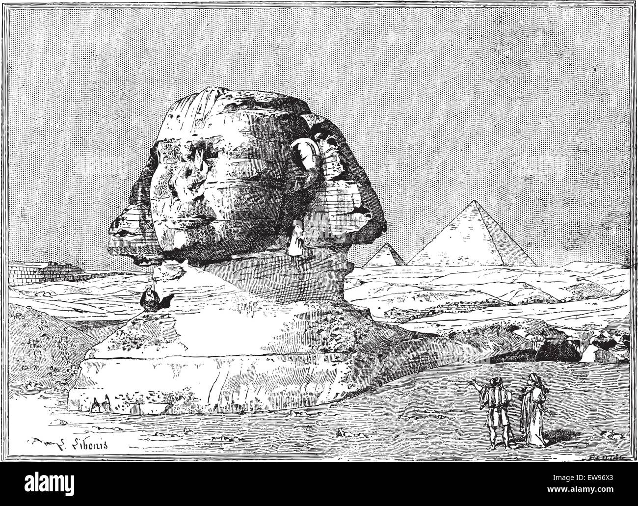 Sphinx, près des ruines de Memphis, l'Égypte, vintage engraved illustration. Dictionnaire des mots et des choses - Larive et Fleury - 18 Illustration de Vecteur