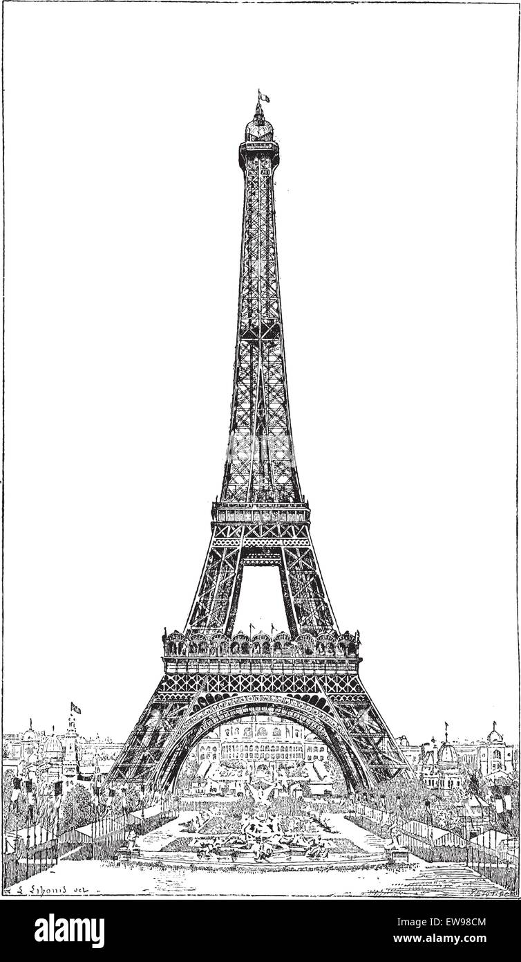 Tour Eiffel, soulevée par l'ingénieur Gustave Eiffel, vintage engraved illustration. Dictionnaire des mots et des choses - Larive Illustration de Vecteur