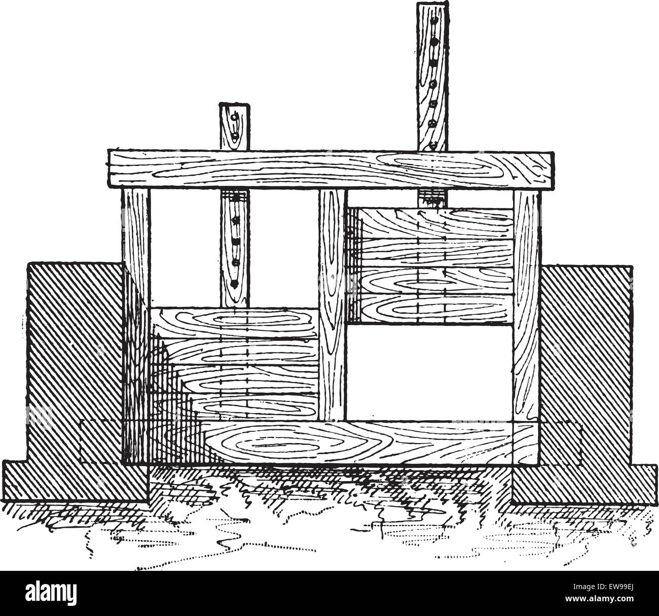 Porte en bois, illustré en position abaissée pour restreindre le débit d'eau (à gauche) et en position relevée pour permettre l'écoulement des eaux, vintage e Illustration de Vecteur