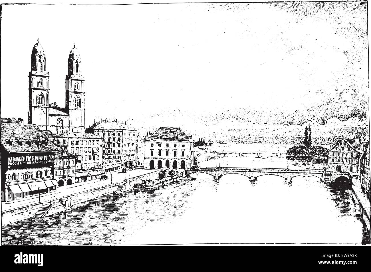 Zurich, vintage engraved illustration. Dictionnaire des mots et des choses - Larive et Fleury - 1895. Illustration de Vecteur