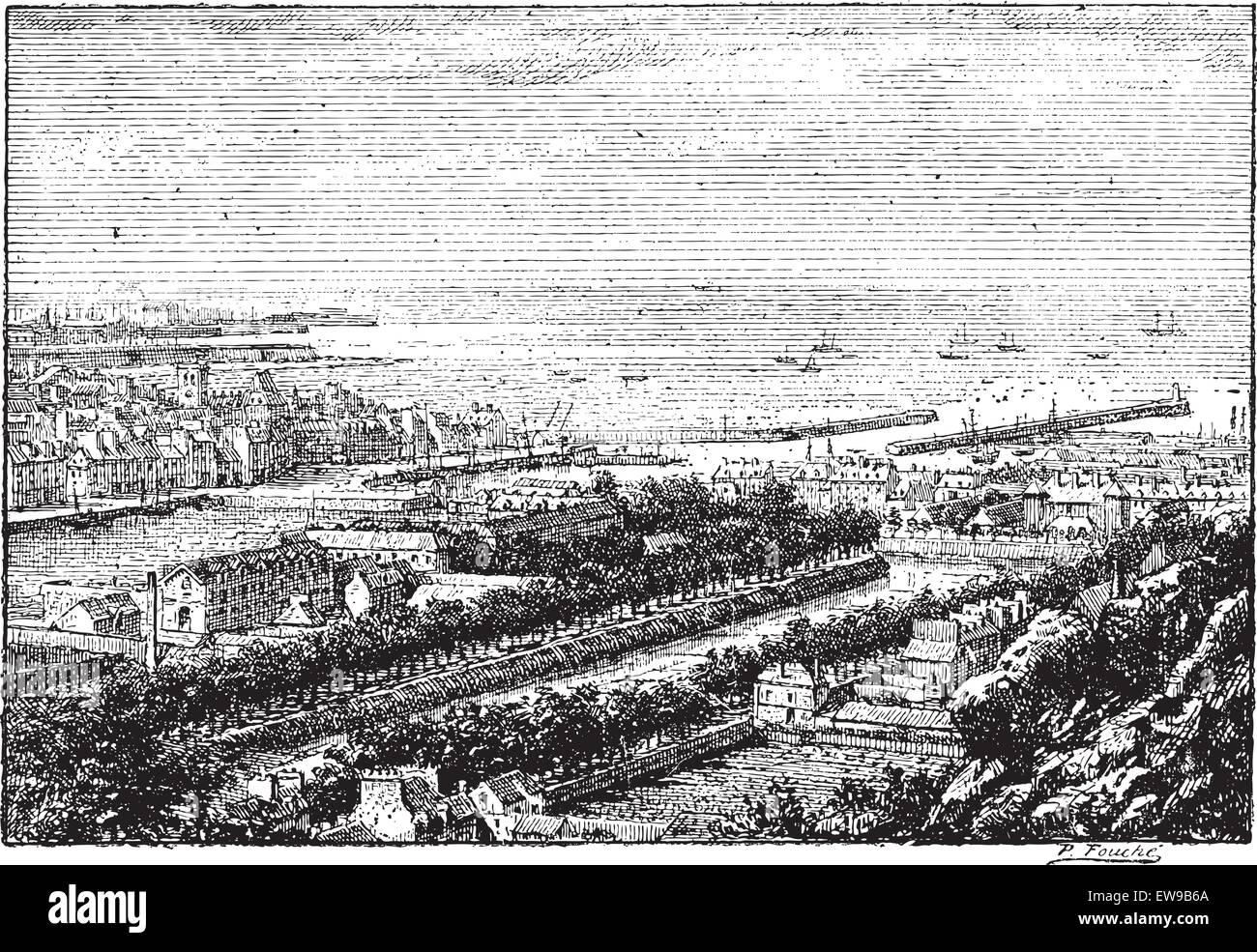 Jetées du port de Cherbourg, vintage engraved illustration. Dictionnaire des mots et des choses - Larive et Fleury - 1895. Illustration de Vecteur