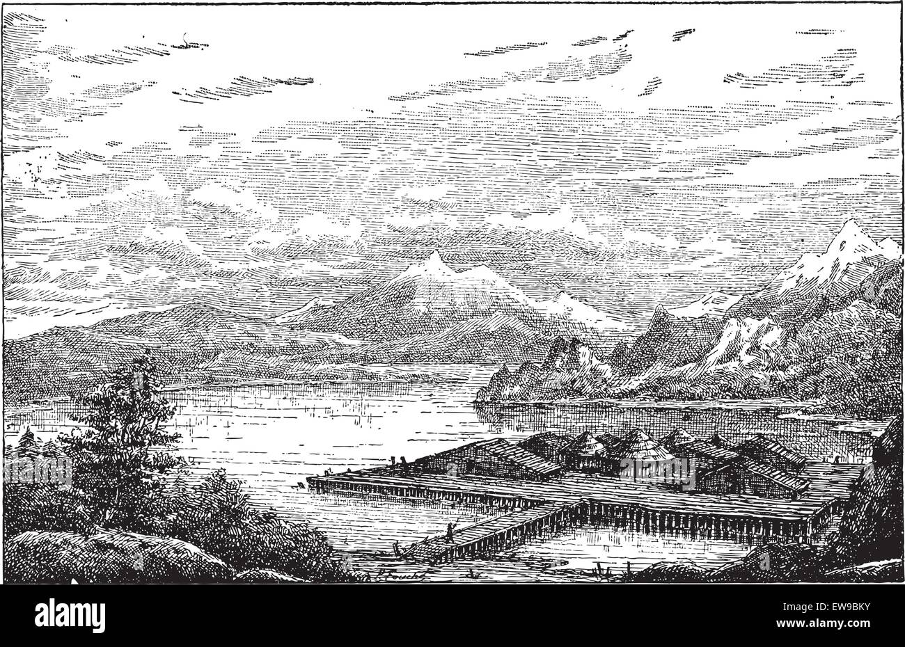 La station de lac néolithique dans Latringen, Suisse, de la Belle Epoque, vintage engraved illustration. Dictionnaire de Illustration de Vecteur