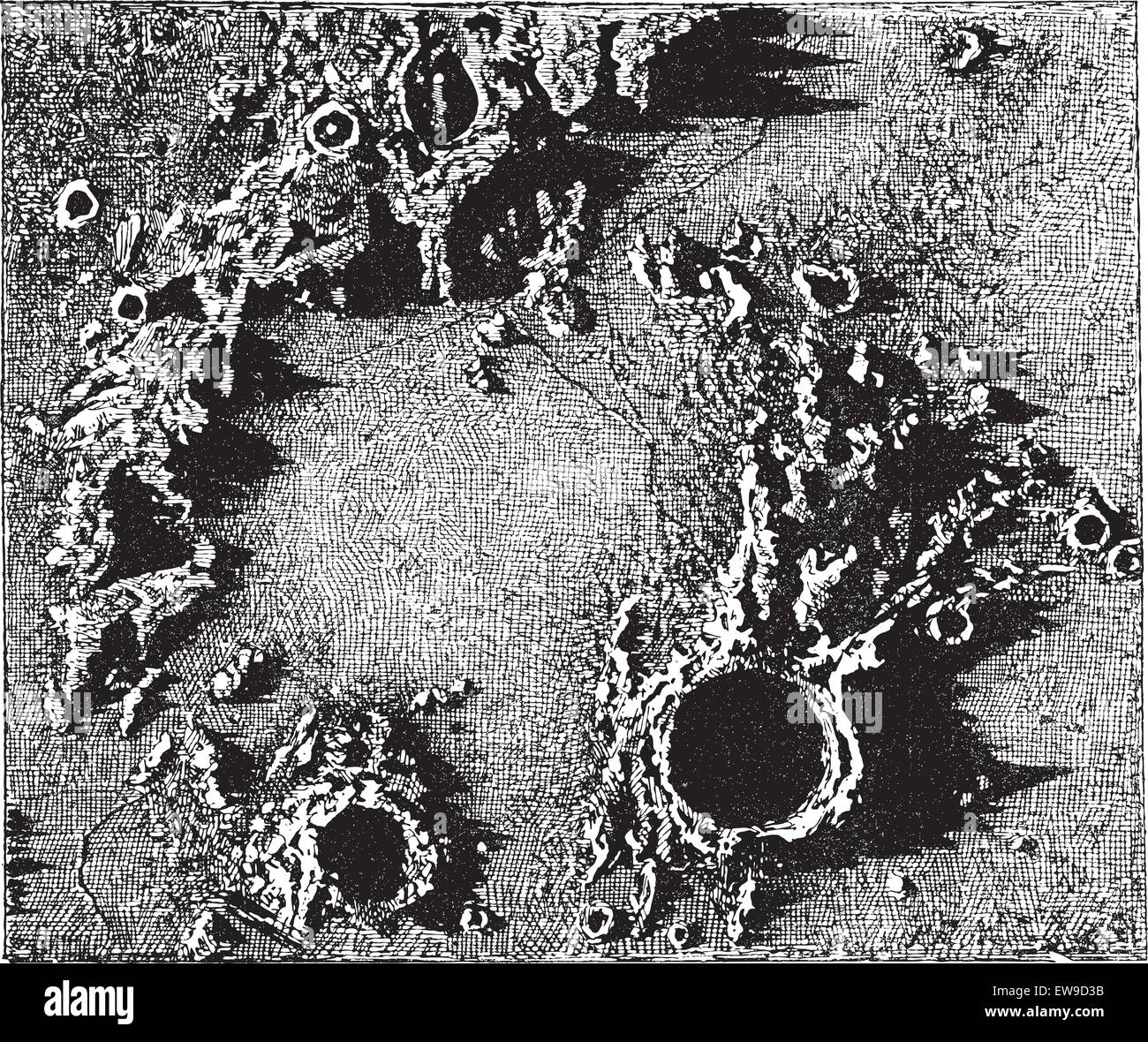 Surface de la lune, montrant le cratère Archimède, vintage engraved illustration. Dictionnaire des mots et des choses - Lariv Illustration de Vecteur