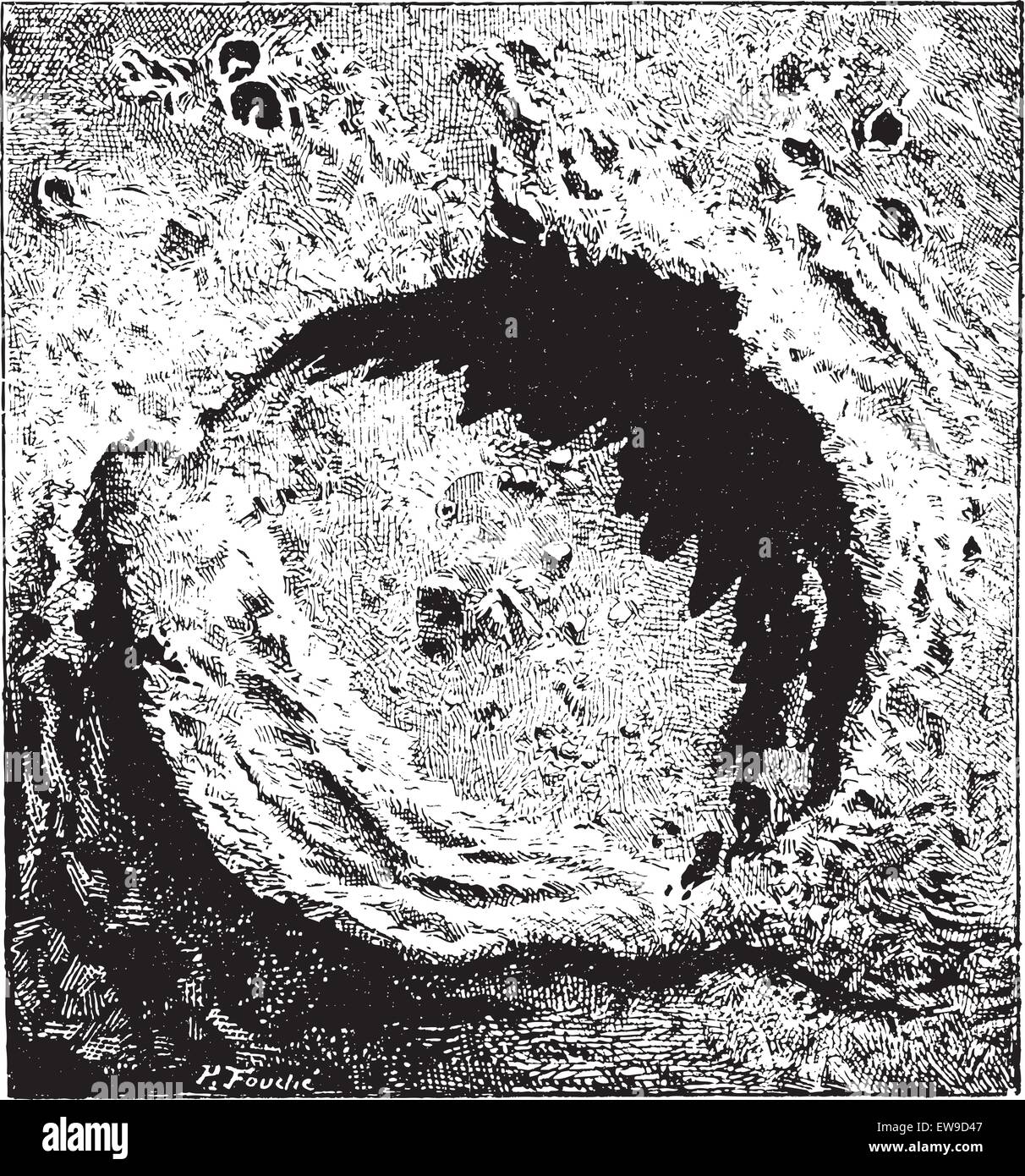 Surface de la lune, montrant le cratère d'impact, Copernicus vintage engraved illustration. Dictionnaire des mots et des choses - Lariv Illustration de Vecteur