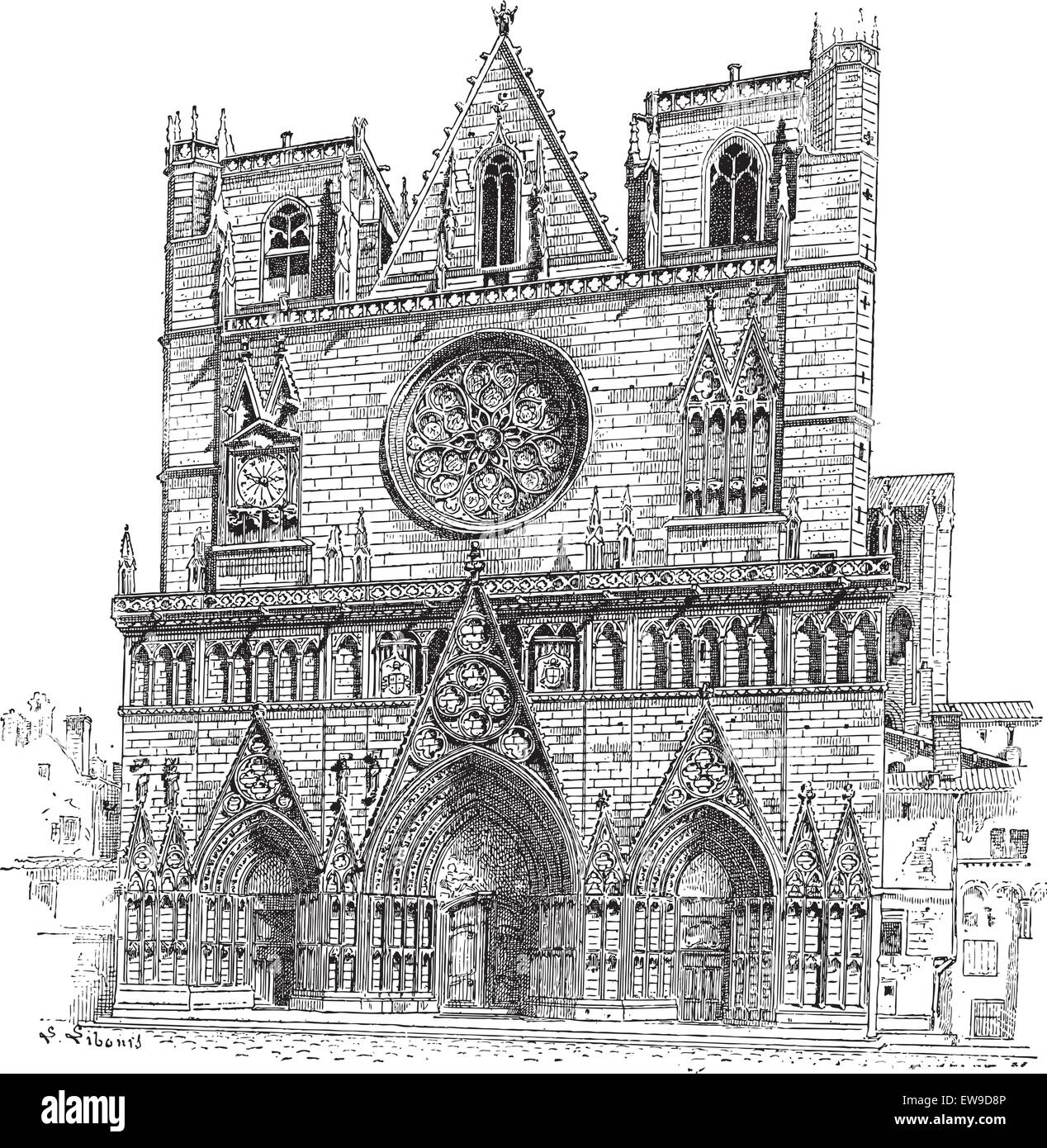 La Cathédrale de Lyon à Lyon,France, vintage engraved illustration. Dictionnaire des mots et des choses - Larive et Fleury - 1895 Illustration de Vecteur