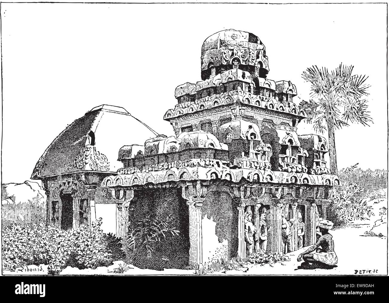 Mahabalipuram au Tamil Nadu, Inde, vintage engraved illustration. Dictionnaire des mots et des choses - Larive et Fleury - 1895 Illustration de Vecteur